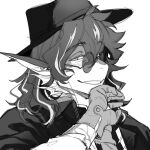  1boy arknights chenjuee chinese_commentary coat dragon_boy furry furry_male gloves hat lee_(arknights) long_hair looking_at_viewer male_focus monochrome pointy_ears round_eyewear scarf smile solo 