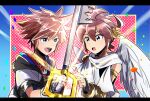  2boys angel angel_wings armband armlet brown_hair feathered_wings fingerless_gloves gloves highres jewelry keyblade kid_icarus kid_icarus_uprising kingdom_hearts laurel_crown letterboxed male_focus multiple_boys necklace open_mouth pit_(kid_icarus) rune_(ruupokesmash54) smile sora_(kingdom_hearts) super_smash_bros. white_wings wings 