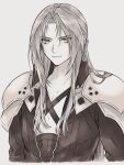  1boy 3wa_tari armor black_jacket chest_strap final_fantasy final_fantasy_vii final_fantasy_vii_remake green_eyes grey_hair high_collar jacket light_smile long_bangs long_hair long_sleeves looking_at_viewer male_focus parted_bangs portrait sephiroth shoulder_armor slit_pupils solo spot_color upper_body 