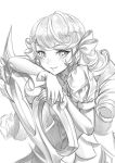  1girl blush bow drill_hair gloves greyscale gwen_(league_of_legends) hair_bow hair_ornament highres holding holding_scissors league_of_legends long_hair monochrome oversized_object scissors smile solo teeth tiger_june twin_drills twintails x_hair_ornament 