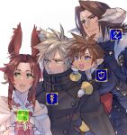  1girl 3boys aerith_gainsborough animal_ears aqua_eyes au_ra black_gloves black_jacket blonde_hair blue_eyes braid braided_ponytail brown_capelet brown_hair capelet cat_boy cat_ears cloud_strife curled_horns dress facial_mark final_fantasy final_fantasy_vii final_fantasy_vii_remake final_fantasy_xiv gloves green_eyes hair_between_eyes hair_ribbon hand_on_own_cheek hand_on_own_face highres horns jacket kingdom_hearts kingdom_hearts_ii lalafell long_hair looking_to_the_side medium_hair miqo&#039;te multiple_boys open_mouth parted_bangs pink_dress pink_ribbon pointy_ears rabbit_ears rabbit_girl ribbon ryouto short_hair sidelocks single_braid sora_(kingdom_hearts) spiky_hair squall_leonhart upper_body viera white_background 