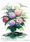  :d animal_focus black_eyes blush bright_pupils character_name colored_sclera commentary_request dated ekm flower froakie hydrangea leaf no_humans open_mouth pokemon pokemon_(creature) smile white_pupils yellow_sclera 