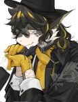  1boy arknights black_coat black_headwear black_shirt chenjuee chinese_commentary coat doctor_(arknights) dragon_boy furry furry_male gloves holding_hands kiss kissing_hand lee_(arknights) long_hair looking_at_another male_focus multicolored_hair pointy_ears round_eyewear scarf shirt white_background yellow_gloves yellow_scarf 