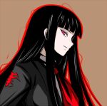  1girl black_hair black_jacket blunt_bangs brown_background closed_mouth from_side hime_cut jacket kimohiko long_hair looking_at_viewer looking_to_the_side necktie original portrait profile red_eyes red_necktie sidelocks simple_background smile solo tsurime 