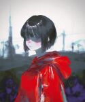  1girl black_hair blood blood_on_face blurry blurry_background bob_cut commentary film_grain from_side grey_eyes hair_between_eyes highres looking_at_viewer looking_to_the_side natari original red_raincoat shaded_face short_hair sidelocks solo upper_body 