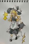  blonde_hair bobby_socks colored_pencil_(medium) drawing highres holding holding_clothes kirisame_marisa looking_at_viewer marisa_day mary_janes mitsukichi_328 shoes short_sleeves smile socks sparkling_eyes sparks star_(symbol) touhou traditional_media white_socks witch yellow_eyes 
