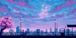  absurdres bicycle bicycle_basket blue_sky cherry_blossoms clouds cloudy_sky highres horizon lamp lamppost original pink_theme seerlight sky vending_machine 