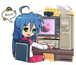  1girl :3 ahoge andrew_price balancetheball blender_(software) blender_guru blue_hair chair commentary computer cropped_legs desk doughnut english_commentary english_text food from_behind green_eyes highres izumi_konata long_hair looking_at_viewer looking_back lucky_star mole mole_under_eye monitor mouse_(computer) neckerchief purple_hair red_neckerchief red_sailor_collar ryouou_school_uniform sailor_collar school_uniform serafuku simple_background sitting smoke solo speech_bubble webcam white_background youtube 