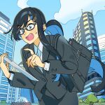  1girl alternate_costume bag bespectacled black_hair black_jacket black_skirt blazer blue_eyes blue_hair blue_sky briefcase cevio city clouds colored_inner_hair cowboy_shot day dress_shirt floating_hair fountain futaba_minato glasses hair_ornament hairclip highres holding holding_tablet_pc index_finger_raised jacket long_hair long_sleeves looking_at_object low_ponytail momonosa_oekaki multicolored_hair nervous_smile office_lady outdoors pencil_skirt shirt shoulder_bag skirt sky smile solo sweatdrop tablet_pc v-shaped_eyebrows very_long_hair white_shirt wide-eyed 