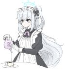  1girl apron black_ribbon blue_archive blush cup halo highres holding holding_teapot looking_at_object maid maid_apron maid_headdress mendel_pea miyako_(blue_archive) pink_scarf ribbon scarf simple_background solo tea teacup teapot violet_eyes white_background white_hair 