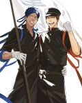  2boys aomine_daiki belt black_headwear black_pants blue_eyes blue_hair blue_headband flag gloves headband highres holding holding_flag holding_pole kagami_taiga kuroko_no_basuke looking_at_viewer male_focus mirin_(coene65) multiple_boys open_mouth pants parted_lips pole red_eyes redhead single_arm_hug smile teeth white_background white_gloves 