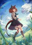  1girl animal_ears black_dress boots bow bowtie brown_eyes brown_footwear clouds cloudy_sky day diagonal-striped_bowtie dress ear_covers earclip full_body grass green_bow green_bowtie highres horse_ears horse_girl horse_tail juliet_sleeves knee_boots long_sleeves medium_hair murasaki_himuro nice_nature_(umamusume) puffy_sleeves rainbow red_bow red_bowtie redhead sky solo tail two_side_up umamusume 