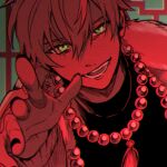  1boy bead_necklace beads black_nails commentary_request fingernails green_eyes hair_between_eyes jewelry korean_commentary looking_at_viewer necklace np8_8 open_mouth outstretched_hand project_sekai shanti_(vocaloid) shinonome_akito short_hair solo teeth upper_body 