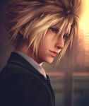  1boy absurdres alternate_costume artist_name black_jacket blonde_hair blue_eyes blurry blurry_background closed_mouth cloud_strife collared_shirt commentary english_commentary final_fantasy final_fantasy_vii final_fantasy_vii_remake formal from_side hair_between_eyes highres jacket lips looking_to_the_side male_focus realistic safaiaart shirt short_hair solo spiky_hair upper_body white_shirt 