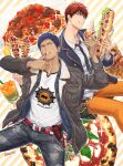  2boys aomine_daiki belt blue_coat blue_eyes blue_hair coat cocktail cocktail_glass collared_jacket cup drinking_glass eating feet_out_of_frame food food-themed_background highres jacket kagami_taiga kuroko_no_basuke male_focus multiple_boys necktie orange_eyes orange_pants pants pizza red_belt redhead sandwich shirt white_shirt zawar379 