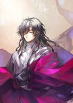  1boy alternate_costume black_hair closed_eyes closed_mouth constantine_xi_(fate) double-parted_bangs expressionless fate/grand_order fate_(series) floating_clothes hair_between_eyes heki0529 highres long_hair male_focus red_shawl sepia_background shawl shirt solo upper_body white_shirt 
