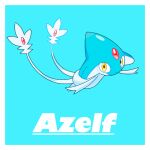  aqua_background azelf border character_name closed_mouth commentary forehead_jewel full_body gem highres looking_at_viewer no_humans pokemon pokemon_(creature) red_gemstone rii_(mrhc7482) simple_background white_border yellow_eyes 