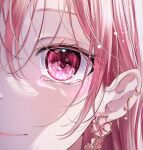  1girl chromatic_aberration close-up closed_mouth crying crying_with_eyes_open ear_piercing earrings eye_focus flower_earrings hair_between_eyes heart heart-shaped_pupils heart_in_eye jewelry lens_flare light_particles looking_at_viewer mahiru_yura original piercing pink_eyes pink_hair sidelocks smile solo symbol-shaped_pupils symbol_in_eye tears 