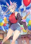  1girl alternate_costume amusement_park animal_ears balloon bare_shoulders black_jacket blue_eyes blue_shorts blue_sky blush breasts carousel castle churro clouds commentary_request day fake_animal_ears fate/grand_order fate_(series) ferris_wheel food grey_hair high-waist_shorts highres holding holding_food jacket looking_at_viewer medium_breasts miyamoto_musashi_(fate) mouth_hold nakaga_eri off_shoulder open_clothes open_jacket outdoors ponytail popcorn rabbit_ears red_shirt shirt shorts sky solo thighs 