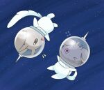  &gt;_o :d closed_mouth commentary_request espurr flying_sweatdrops full_body highres looking_at_another minccino no_humans notice_lines one_eye_closed open_mouth outdoors pokemon pokemon_(creature) rkn_rukonu smile space spacesuit violet_eyes 
