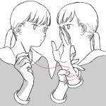  2girls blending closed_mouth commentary_request expressionless greyscale hand_up hands_up holding_another&#039;s_wrist holding_sewing_needle long_hair looking_at_another low_ponytail monochrome multiple_girls no_pupils original sailor_collar sewing shokugyo simple_background sleeve_cuffs spot_color thread upper_body 