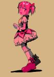  1girl bow full_body gloves hair_bow highres kaname_madoka magical_girl mahou_shoujo_madoka_magica menma_(enaic31) open_mouth pink_eyes pink_hair red_bow red_footwear shadow simple_background white_gloves 