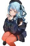  1girl beret blue_hair choker closed_mouth earrings foot_out_of_frame hair_ribbon hat highres hololive hoshimachi_suisei hoshimachi_suisei_(3rd_costume) jewelry looking_at_viewer one_side_up orange_pantyhose own_hands_together pantyhose ribbon simple_background sitting skirt smile solo thigh_strap uo_illust virtual_youtuber white_background 