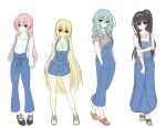 4girls alternate_costume aqua_eyes aqua_hair arihara_nanami black_hair blonde_hair blue_overalls blush braid brown_shirt casual closed_mouth commentary_request double-parted_bangs flower full_body grabbing_own_arm hair_between_eyes hair_down hair_flower hair_ornament hairband hands_in_pockets highres hirocchi legs long_hair long_sleeves looking_at_viewer mitsukasa_ayase multiple_girls nijouin_hazuki overall_shorts overall_skirt overalls pink_hair pink_hairband ponytail red_eyes ribbon riddle_joker sandals shikibe_mayu shirt short_sleeves side_braid simple_background sketch smile standing straight_hair sweater unfinished very_long_hair violet_eyes wavy_hair white_background white_ribbon white_sweater yellow_flower yellow_ribbon