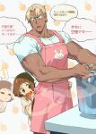  1boy 1girl apron biceps blonde_hair brown_hair character_request chicken_(food) cooking earrings food food-themed_background gamagoori_ira highres jewelry kill_la_kill mankanshoku_mako muscular muscular_male open_mouth pink_apron qin_(7833198) shirt sweatdrop tan translation_request upper_body white_background white_shirt 