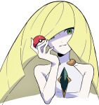  1girl blonde_hair blunt_bangs collar collarbone commentary_request dress green_eyes hand_up highres holding holding_poke_ball long_hair looking_at_viewer lusamine_(pokemon) parted_lips poke_ball poke_ball_(basic) pokemon pokemon_(game) pokemon_sm rii_(mrhc7482) sleeveless sleeveless_dress smile solo upper_body white_background white_dress 