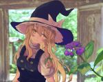  1girl absurdres black_headwear black_vest blonde_hair blurry blurry_background bow braid dot_nose flower frilled_hat frills green_bow hair_bow hat hat_bow head_tilt highres kirisame_marisa kiritanpo117 long_hair looking_to_the_side outdoors purple_flower shirt short_sleeves side_braid single_braid smile solo touhou turtleneck upper_body vest white_bow white_shirt witch_hat yellow_eyes 