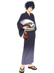  1boy black_hair black_kimono blue_eyes english_commentary feet fingernails full_body hand_fan highres holding holding_fan japanese_clothes kimono leon_magnus male_focus official_art parted_lips sandals solo tales_of_(series) tales_of_asteria tales_of_destiny toenails toes transparent_background yukata 