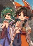  2girls food hakurei_reimu highres holding holding_food kochiya_sanae looking_at_another matsukuzu multiple_girls touhou 