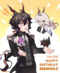  2boys absurdres animal_ears animalization arknights ascot ass axenyan black_hair black_suit bright_pupils chibi commentary dated ebenholz_(arknights) english_commentary english_text epaulettes formal full_body gift goat goat_boy goat_ears goat_horns hands_up happy_birthday highres holding holding_gift horns kreide_(arknights) long_hair long_sleeves looking_at_another multiple_boys open_mouth ponytail suit surprised twitter_username upper_body violet_eyes wavy_hair white_ascot white_hair white_pupils white_suit 