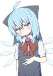  1girl ahoge blue_bow blue_dress blue_eyes blue_hair blush bow bowtie check_commentary cirno collared_shirt commentary_request detached_wings dot_nose dress expressionless fairy_wings hair_bow hand_on_own_stomach highres ice ice_wings kae_karee looking_at_viewer medium_hair pinafore_dress red_bow red_bowtie shirt simple_background sleeveless sleeveless_dress solo sweatdrop touhou white_background white_shirt wings 