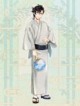  1boy ;3 black_hair brown_eyes chain_paradox full_body glasses grey_kimono hand_fan highres holding holding_fan japanese_clothes kimono kuga_shunto male_focus one_eye_closed sandals short_hair solo standing u_o_ku wide_sleeves 