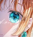 1girl blonde_hair blue_eyes chromatic_aberration close-up closed_mouth commentary earrings eye_focus highres jewelry light_particles looking_at_viewer mahiru_yura original reflective_eyes shadow sidelocks solo sparkle symbol-only_commentary 