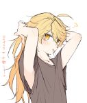  1boy ? aether_(genshin_impact) ahoge androgynous blonde_hair blush brown_shirt closed_mouth genshin_impact hair_down hair_tie_in_mouth highres male_focus mouth_hold orange_eyes sakusakuagetate shirt short_sleeves solo translation_request tying_hair 