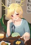  1girl :d antlers blonde_hair blue_shirt blurry blurry_background blush chopstick_rest chopsticks collarbone commentary_request cup depth_of_field dragon_tail eyes_visible_through_hair fingernails flat_chest food hair_behind_ear hand_up highres index_finger_raised indoors kanpa_(campagne_9) kicchou_yachie looking_at_viewer nose_blush open_mouth otter_spirit_(touhou) plate red_eyes shirt short_hair short_sleeves sleeves_past_elbows smile solo tail touhou upturned_eyes 
