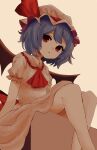  1girl ascot bare_legs bat_wings blue_hair dress frilled_shirt_collar frills hat highres irumina777 medium_hair mob_cap puffy_short_sleeves puffy_sleeves red_ascot red_eyes remilia_scarlet short_sleeves sitting solo touhou white_background white_dress white_headwear wings 