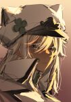  1girl artist_name cape clover dark-skinned_female dark_skin four-leaf_clover grey_eyes grey_hair guilty_gear guilty_gear_strive hair_between_eyes hat highres llamartist long_hair looking_at_viewer ramlethal_valentine solo sunlight 