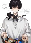  1boy a20190422 bag bilingual bishounen black_cat black_hair cat copyright_request dog_tags fangs food grey_sweater hair_between_eyes highres holding holding_bag korean_text looking_at_viewer male_focus mixed-language_text parted_lips short_hair simple_background solo sound_effects speech_bubble sweater translation_request upper_body white_background 