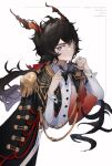  1boy adjusting_bowtie ahoge animal_ears arknights black_bow black_bowtie black_coat black_hair bow bowtie buttons character_name closed_mouth coat double-parted_bangs ebenholz_(arknights) ebenholz_(eine_variation)_(arknights) epaulettes goat_boy goat_ears goat_horns hair_between_eyes highres horns long_hair long_sleeves looking_at_viewer male_focus shirt short_hair simple_background solo sqbillfish twitter_username upper_body very_long_hair violet_eyes white_background white_shirt 
