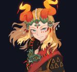  1boy black_background black_shirt blonde_hair blue_eyes closed_mouth dragon_horns facial_mark gem glowing hair_ornament highres horns jewelry lemonsam link long_hair necklace pointy_ears red_horns shirt simple_background smile solo the_legend_of_zelda the_legend_of_zelda:_tears_of_the_kingdom 