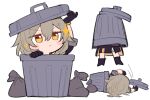  1girl arm_up arms_up bag black_coat black_footwear black_gloves black_skirt blush boots chibi closed_mouth coat commentary do_m_kaeru flying gloves grey_hair hair_between_eyes hand_up high_heels honkai:_star_rail honkai_(series) in_trash_can long_hair long_sleeves looking_up lying on_side open_clothes open_coat simple_background skirt solo standing star_(symbol) stelle_(honkai:_star_rail) symbol-only_commentary trailblazer_(honkai:_star_rail) trash_bag trash_can v-shaped_eyebrows white_background yellow_eyes 