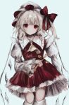  1girl absurdres amagi_xx ascot blonde_hair expressionless flandre_scarlet frills hat hat_ribbon highres long_sleeves looking_at_viewer mob_cap puffy_sleeves red_eyes red_skirt revision ribbon shirt skirt skirt_set solo thigh-highs touhou vest white_thighhighs wings 