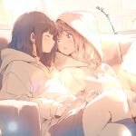  2girls black_hair black_shorts blonde_hair blush closed_eyes closed_mouth commentary_request couple hood hood_up hoodie lens_flare lens_flare_abuse long_hair looking_at_another marukana_seimen multiple_girls original parted_lips shorts sidelocks twitter_username violet_eyes white_hoodie yuri 