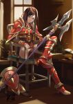  1girl altena_(fire_emblem) arm_guards armor armored_boots book boots breastplate brown_eyes brown_hair chair crossed_legs dated fire_emblem fire_emblem:_genealogy_of_the_holy_war greaves headband holding holding_polearm holding_weapon indoors kero_sweet long_hair pauldrons polearm shoulder_armor signature sitting smile solo spear thigh-highs weapon 