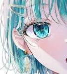  1girl :o aqua_eyes aqua_hair blush choppy_bangs chromatic_aberration close-up commentary crying crying_with_eyes_open earrings eyelashes hair_ornament hairclip jewelry light_particles looking_at_viewer mahiru_yura open_mouth original simple_background solo streaming_tears symbol-only_commentary tears white_background 