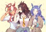  3girls ahoge alternate_costume alternate_hairstyle animal_ears arm_hug arm_up blue_hair blush bow bowtie bracelet breasts brown_hair byerley_turk_(umamusume) cardigan closed_eyes closed_mouth clothes_around_waist collared_shirt dark-skinned_female dark_skin darley_arabian_(umamusume) ear_covers embarrassed facing_to_the_side godolphin_barb_(umamusume) green_eyes gyaru hair_bobbles hair_bow hair_ornament hand_on_another&#039;s_waist hand_on_own_forehead hand_on_own_hip heart hi_(ibisf5umauma) highres horse_ears jewelry kogal long_hair looking_at_viewer multiple_girls necklace necktie one_eye_closed open_mouth parted_bangs purple_skirt scar scar_across_eye scrunchie shirt skirt sleeves_past_fingers sleeves_past_wrists sleeves_rolled_up small_breasts smile twitter_username umamusume upper_body v v_over_eye white_shirt wig wrist_scrunchie yellow_necktie 